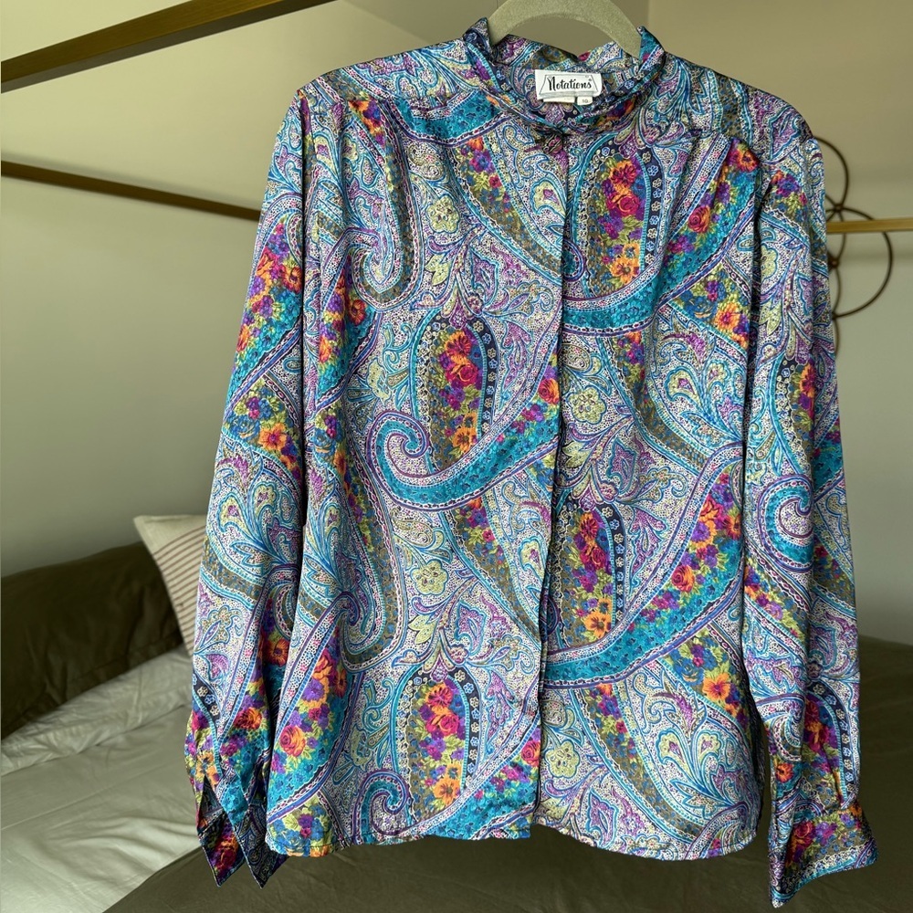 Vintage Paisley Button Up Blouse Purple Shirt M 10 Boho Office-Core 70s 80s 90s - Picture 5 of 5